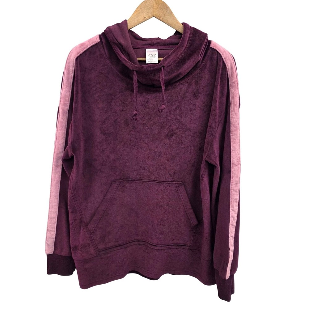 Womens L Velour Hoodie Purple Long Sleeve Thumbholes Kangaroo Pocket Pink Stripe